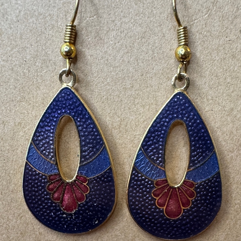 Cloisonné Blue and Gold Teardrop Earrings
